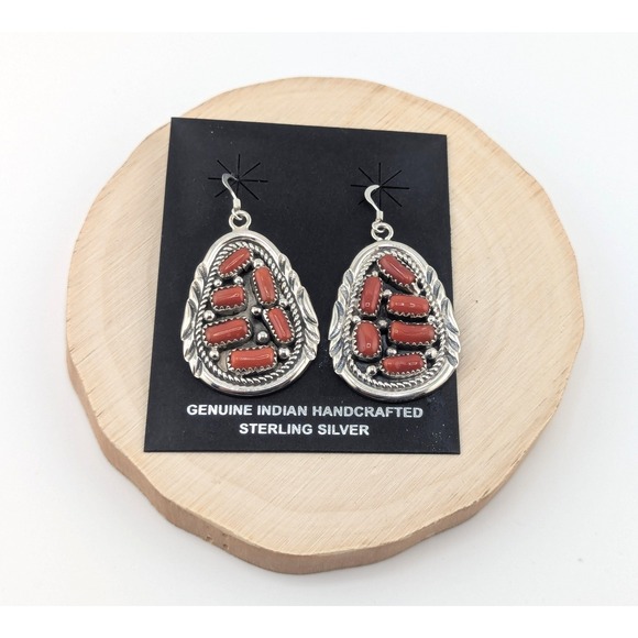 Handmade Navajo Branch Coral Sterling Silver Dangle Earrings Jewelry ** - Picture 1 of 11